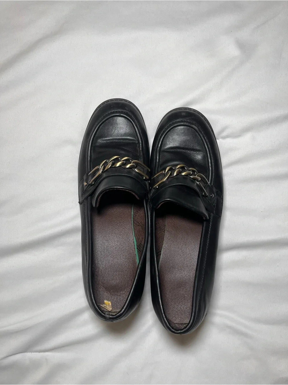Black Leather Loafers with Gold Chain Accent
